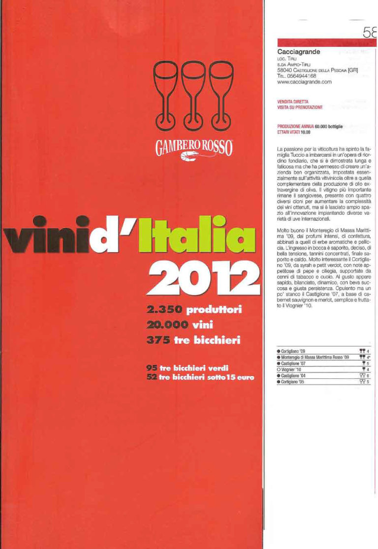Vini d'Italia 2012 Gambero Rosso recensione per L'Azienda Cacciagrande